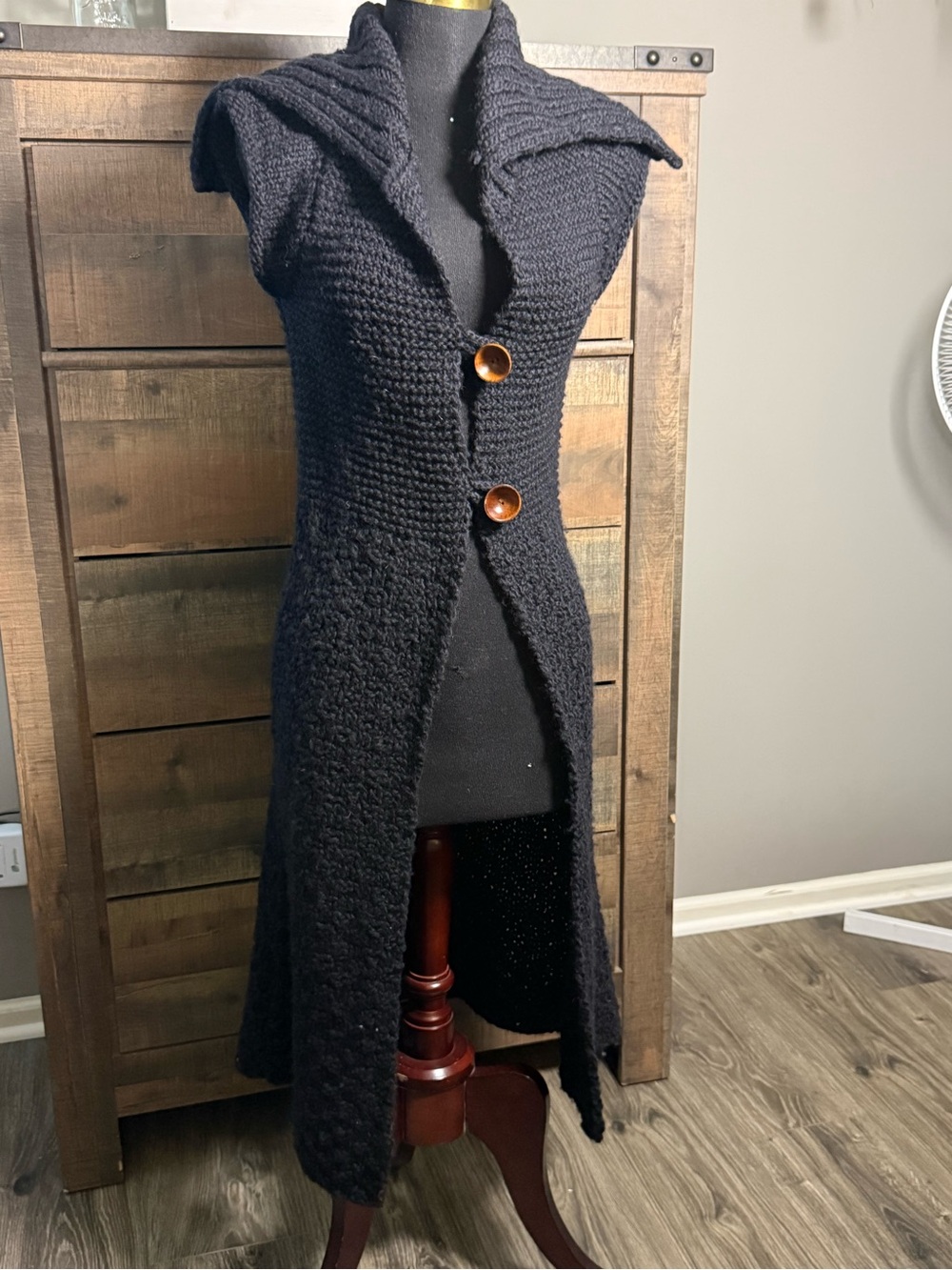 Free People Black Chunky Knit Long Sweater Vest Shawl Collar Button Size S